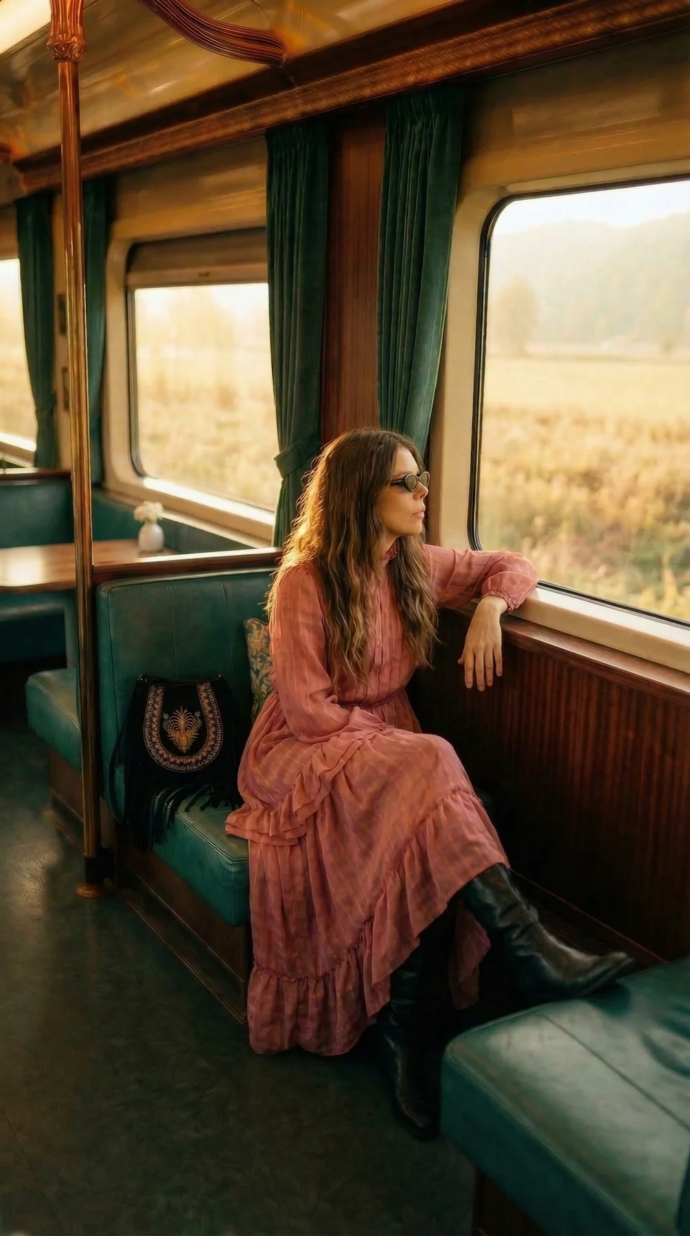 Mujer con vestido rosa mirando el paisaje por la ventana