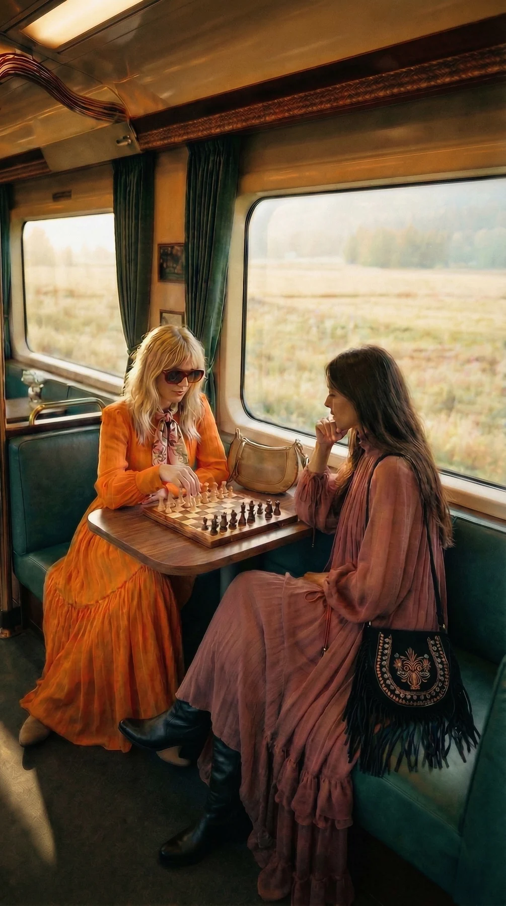 Las dos mujeres jugando al ajedrez en el vagón
