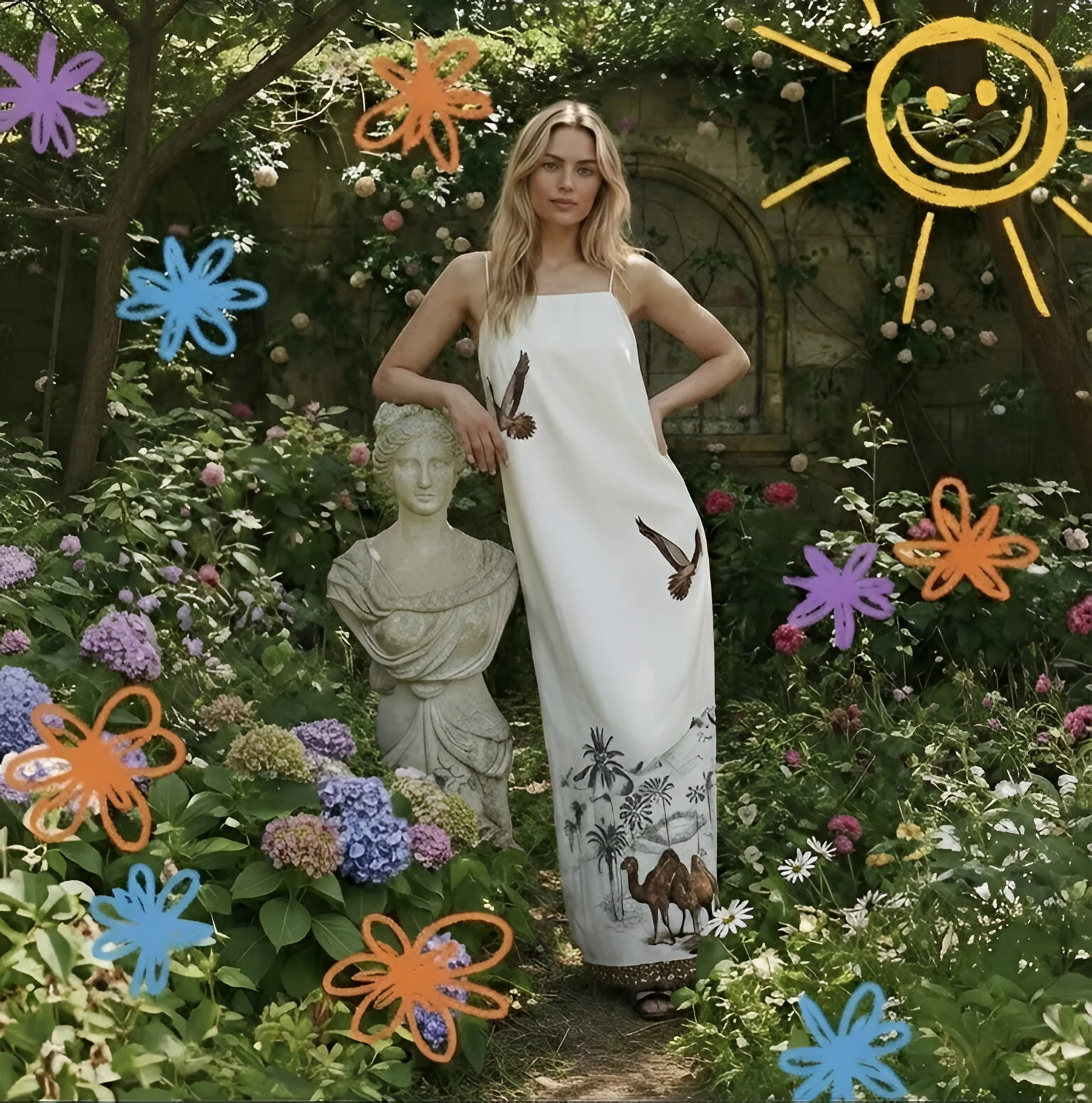 Modelo con vestido blanco estampado en un jardín, con flores dibujadas a mano