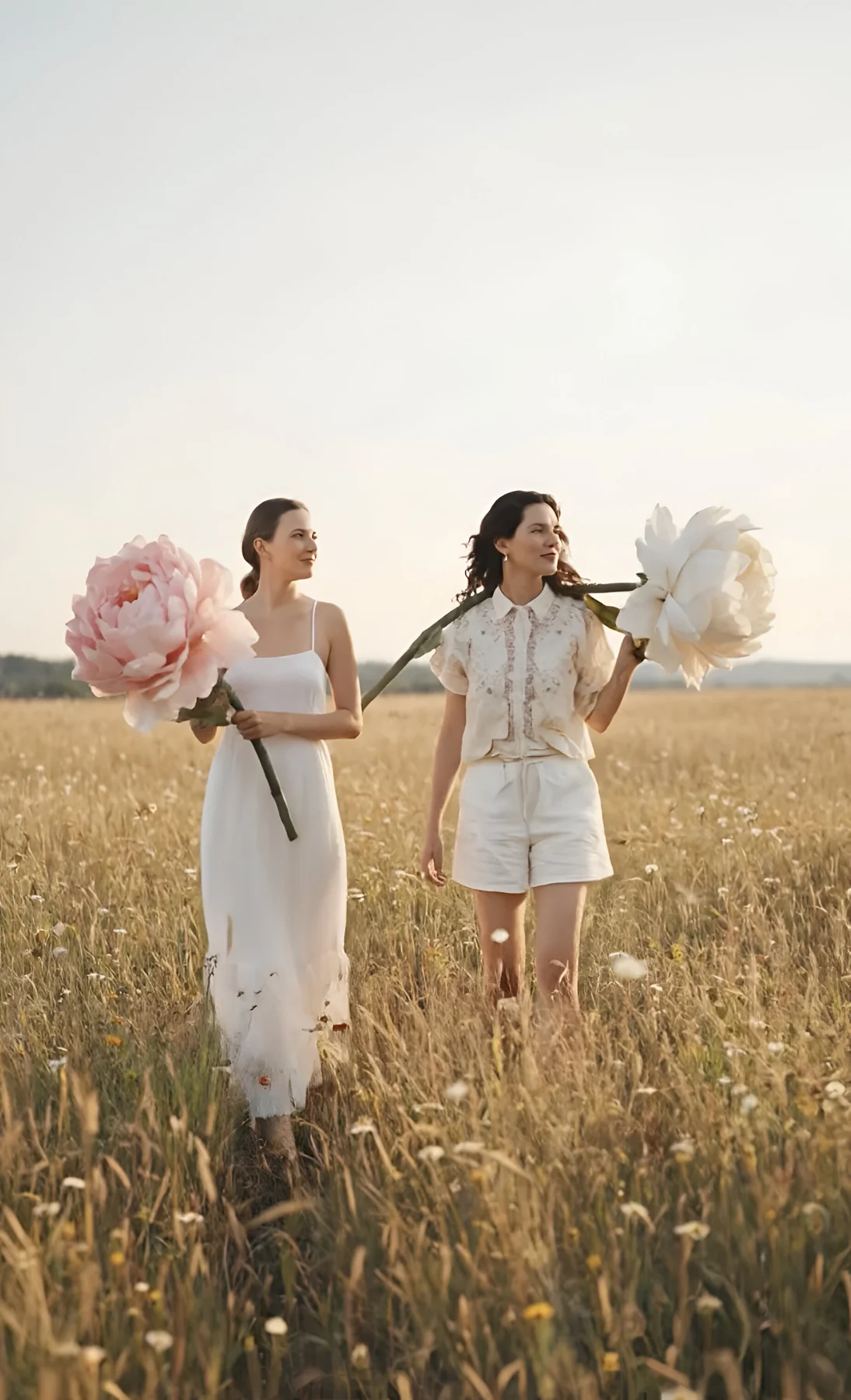 Dos modelos caminando en un campo con flores gigantes