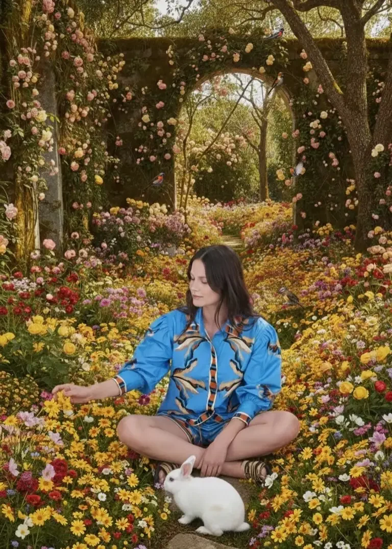 Modelo con camisa estampada sentada en un jardín con un conejo blanco