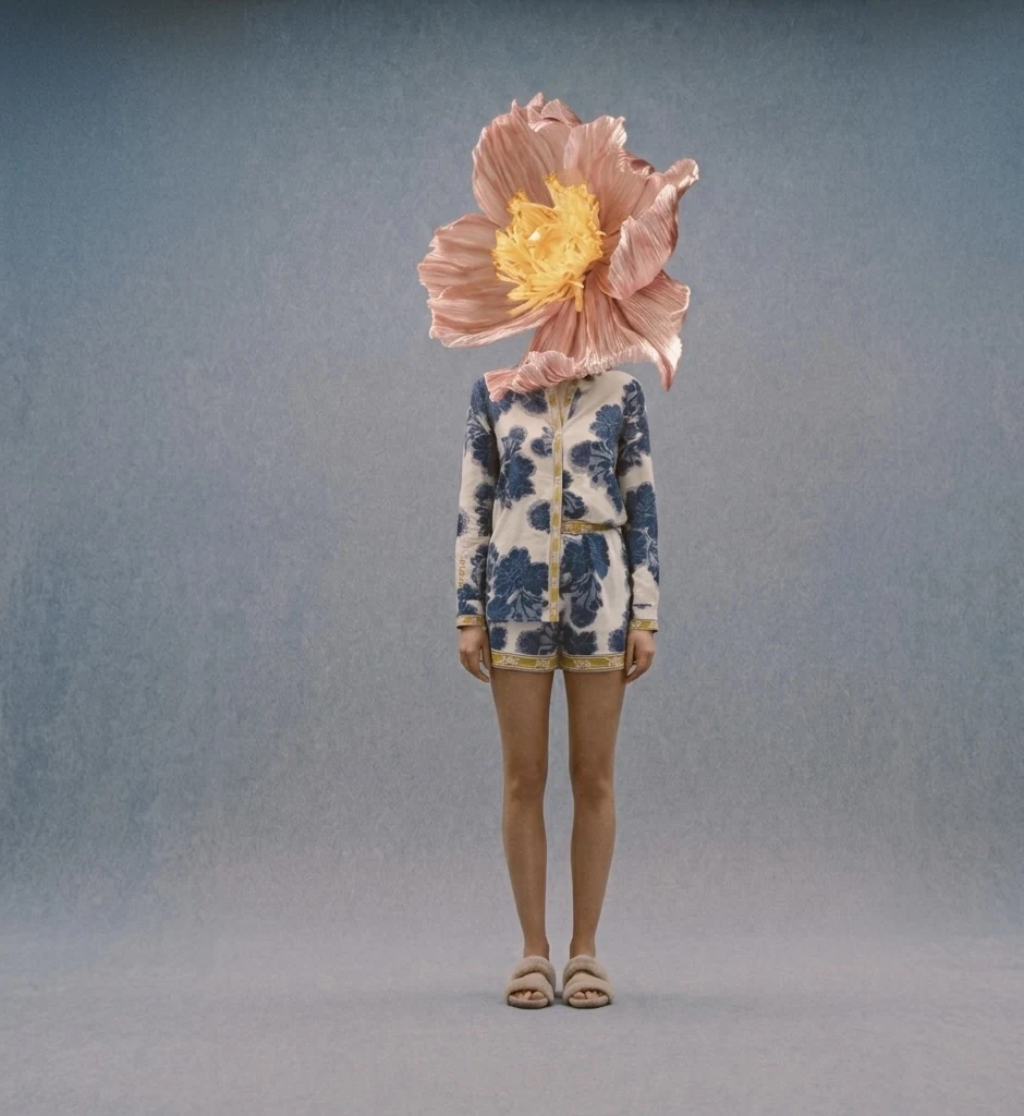 Modelo con el conjunto estampado azul de la colección y una flor gigante en lugar de la cabeza