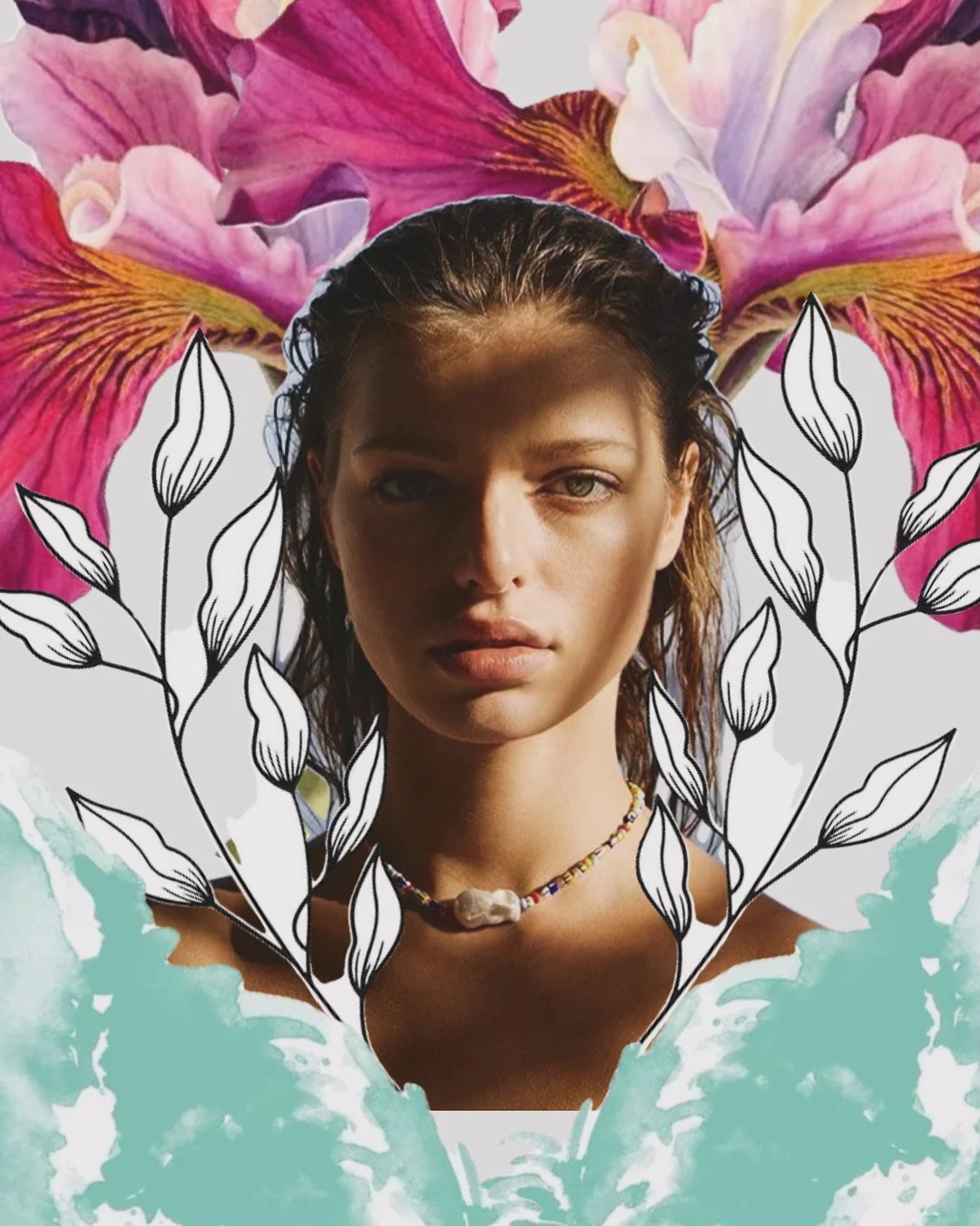 Collage botánico: rostro rodeado de orquídeas e ilustración de hojas
