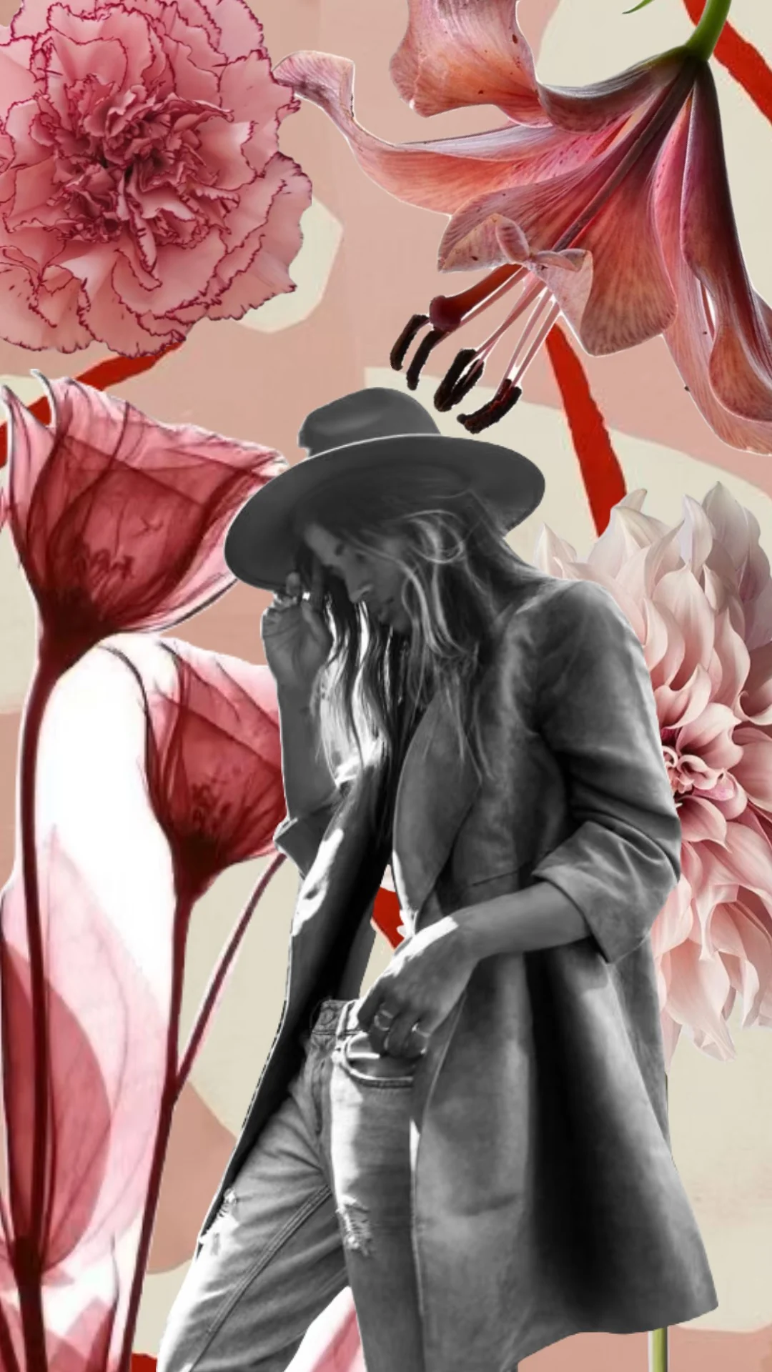 Collage botánico: figura en blanco y negro entre flores rojas
